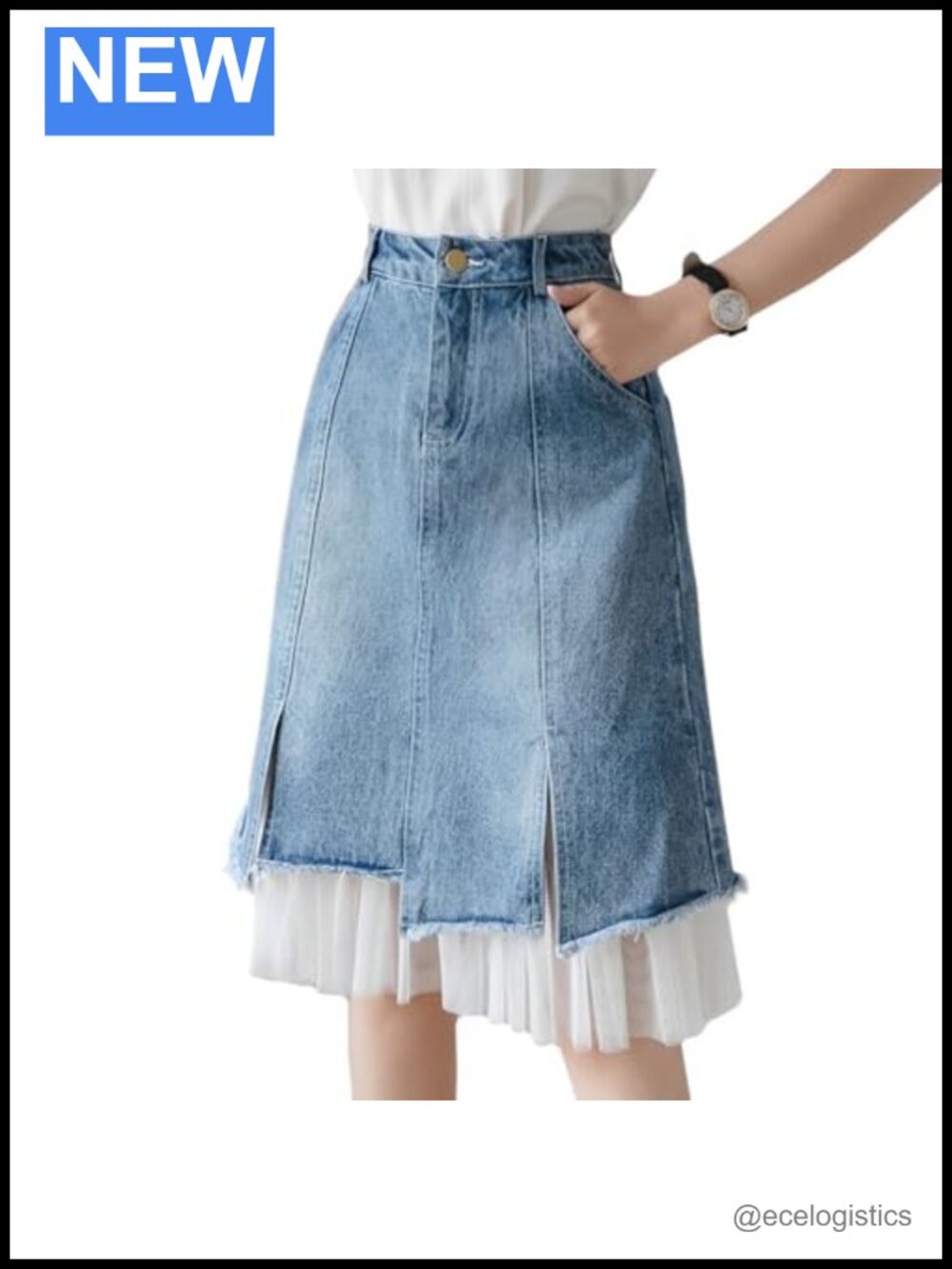 Women's High Waist Vintage Denim Skirt A-Line Lace Double Layer Splicing Y2K